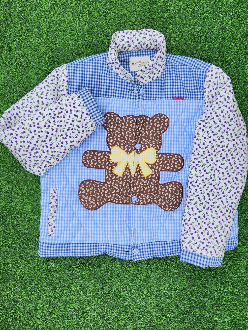 Teddy Fresh Jacket Womens Size 2XL Blue Quilted Gingham Teddy Bear Snap Floral
